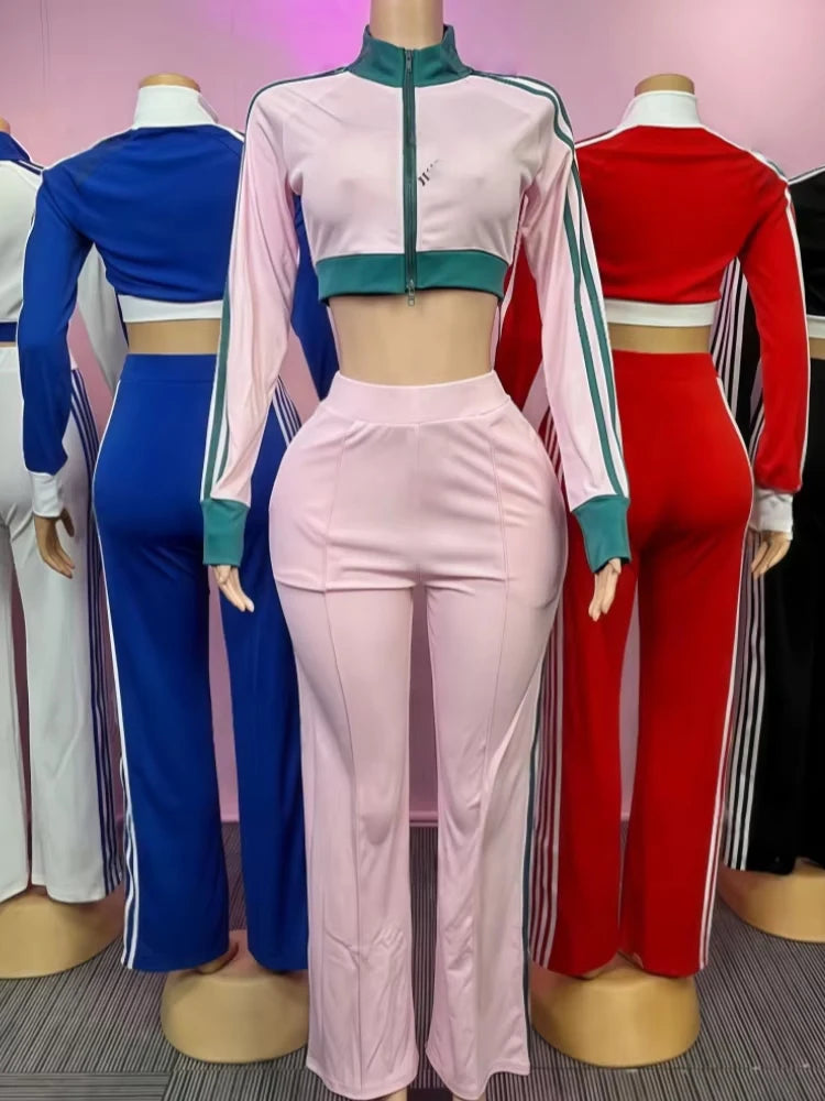 Sporty 2 Piece Set Women Tracksuit Casual Patchwork Zip Long Sleeves Crop Top+Stretch Pants Matching Street Outfits