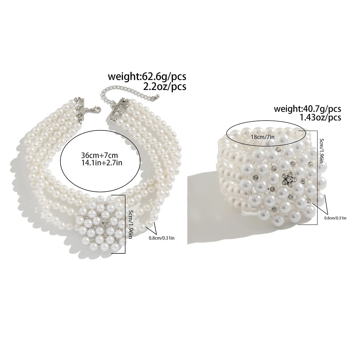 2Pcs Elegant Multilayer Imitation Pearl Chain Necklace Bracelet Women Wed Bridal Flower Choker Aesthetic Jewelry Set