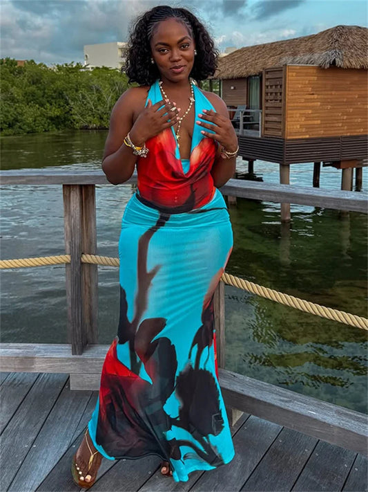 Flower Print Long Dress Women Summer Trend Halter Swing Collar Backless Sleeveless Vacation Fashion Skinny Vestidos
