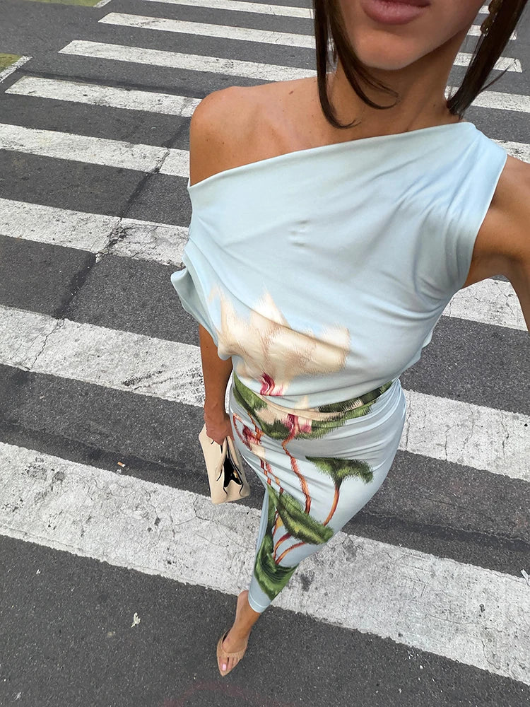 Trend Lotus Print Dress Women Sexy Skew Collar Sleeveless Ruched Stretch Skinny Elegant Fashion Party Street Bodycon