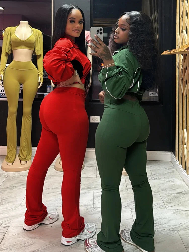 Casual 2 Piece Set Women Tracksuit Patchwork Full Sleeve Zip Elastic Hem Crop Jacket+Flared Pants Sporty Streetwear