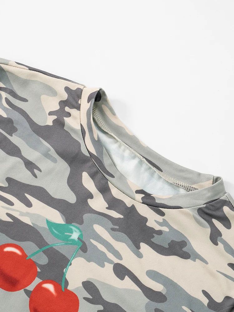 Camouflage Cherry Print T-Shirts Women Summer Trend o-Neck Short Sleeve Skinny Stretch Fashion Classic Streetwear