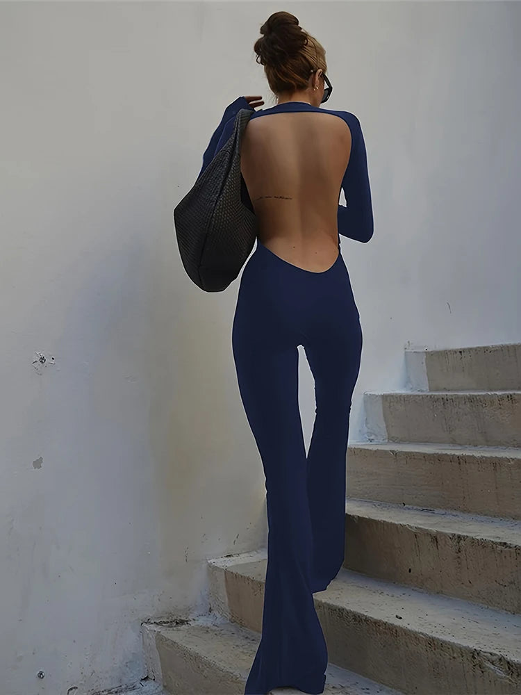 Sexy Women Jumpsuit Backless Flare Spring Trend o-Neck Elegant Skinny Full Sleeve Basic Solid Street Fitness Overalls