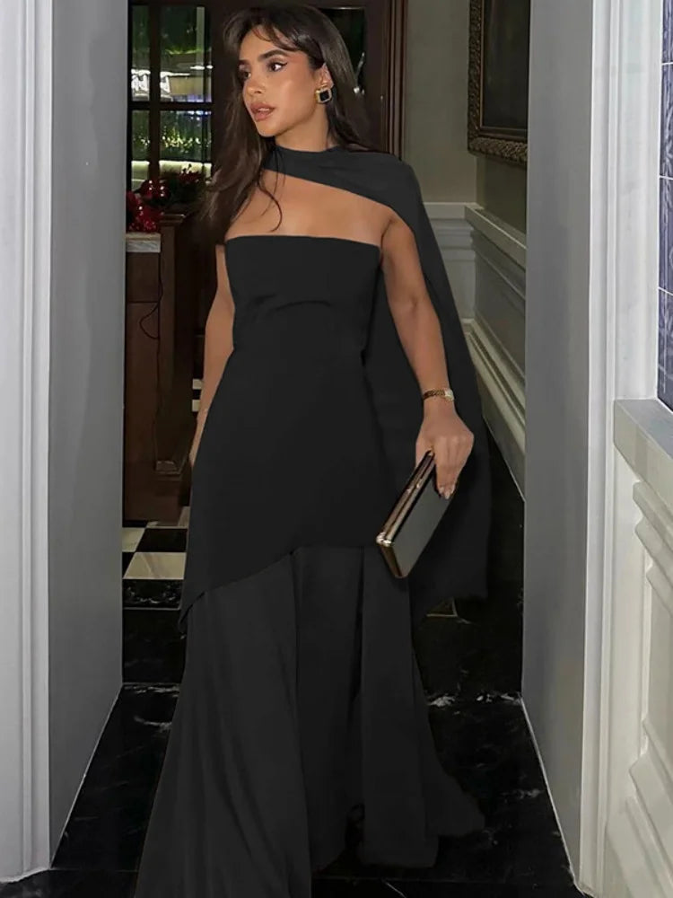 Sheer Mesh Splicing Tube Dress with Scarf Elegant Backless Split Long Dresses Woman Party Outfits