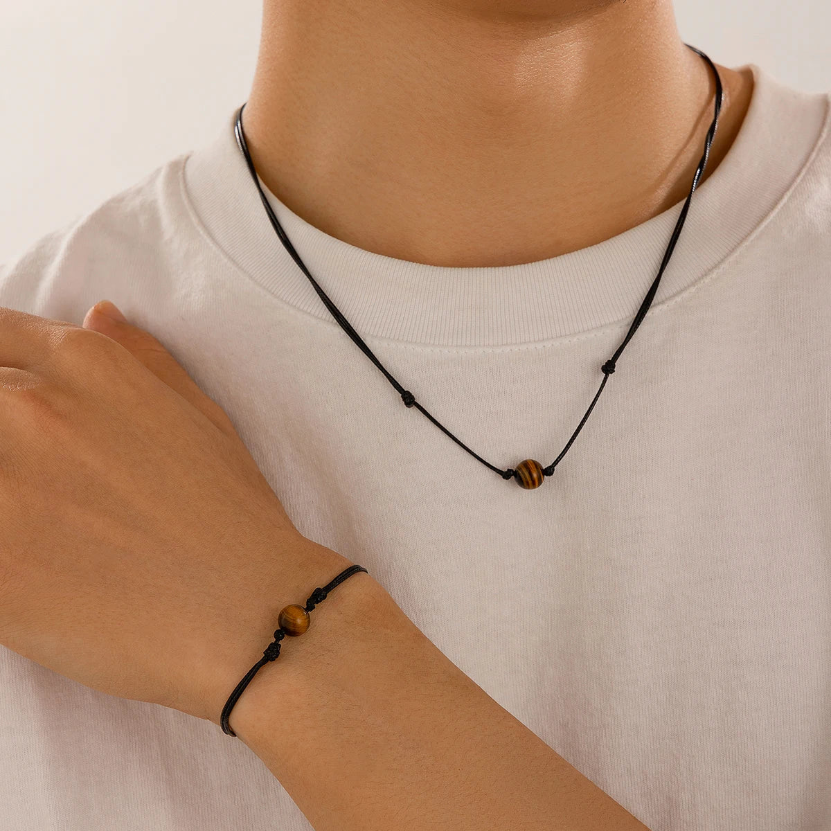 2Pcs Goth Simple Black Leather Wax Thread Chain Necklace Bracelet for African Men Stone Beads Choker Male Jewelry Set