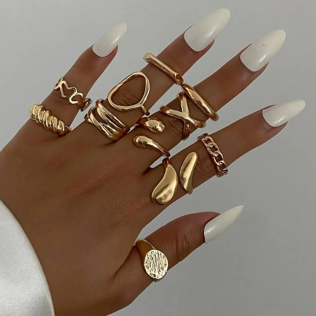 11Pcs/Set Classic Glossy Water Drop Open Rings for Women New Trend Vintage Irregular Finger Rings Daily Jewelry Gift