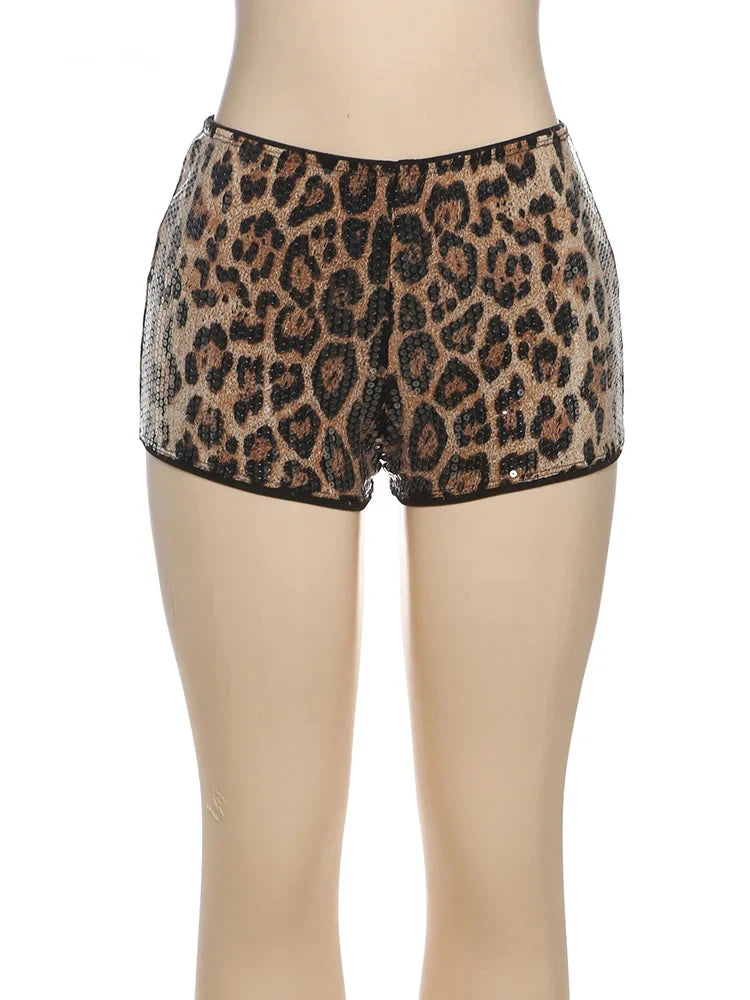 Leopard Print Tracksuit Women 2piece Set Letter Print Tees+Sequins Bike Shorts Stretch Matching Streetwear Outfits