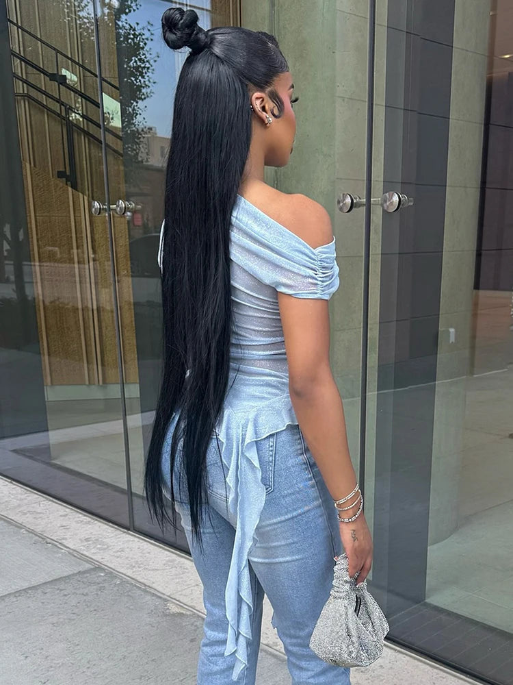 Sexy Sequins Glitter Skew Collar Crop Tops Women Irregular Ruffles Tassel Midnight Coquette Club Summer Trend Tees