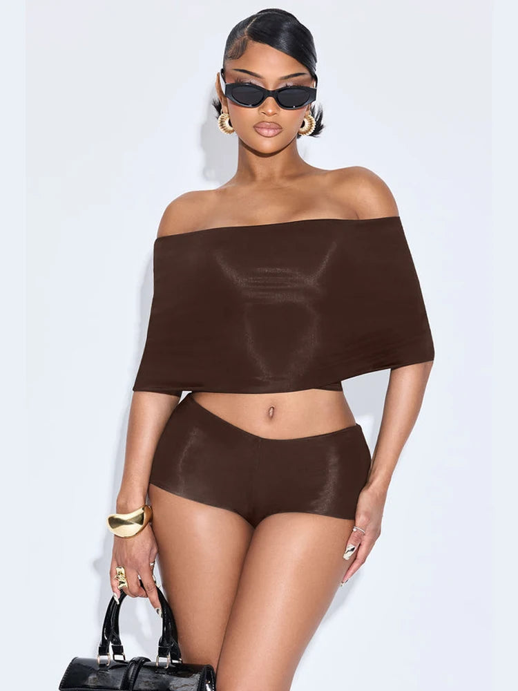 Hipster 3 Piece Set Women Slash Neck Mid Sleeve Crop Tops+Shorts+Foot Cover Simple Summer Trend Matching Streetwear