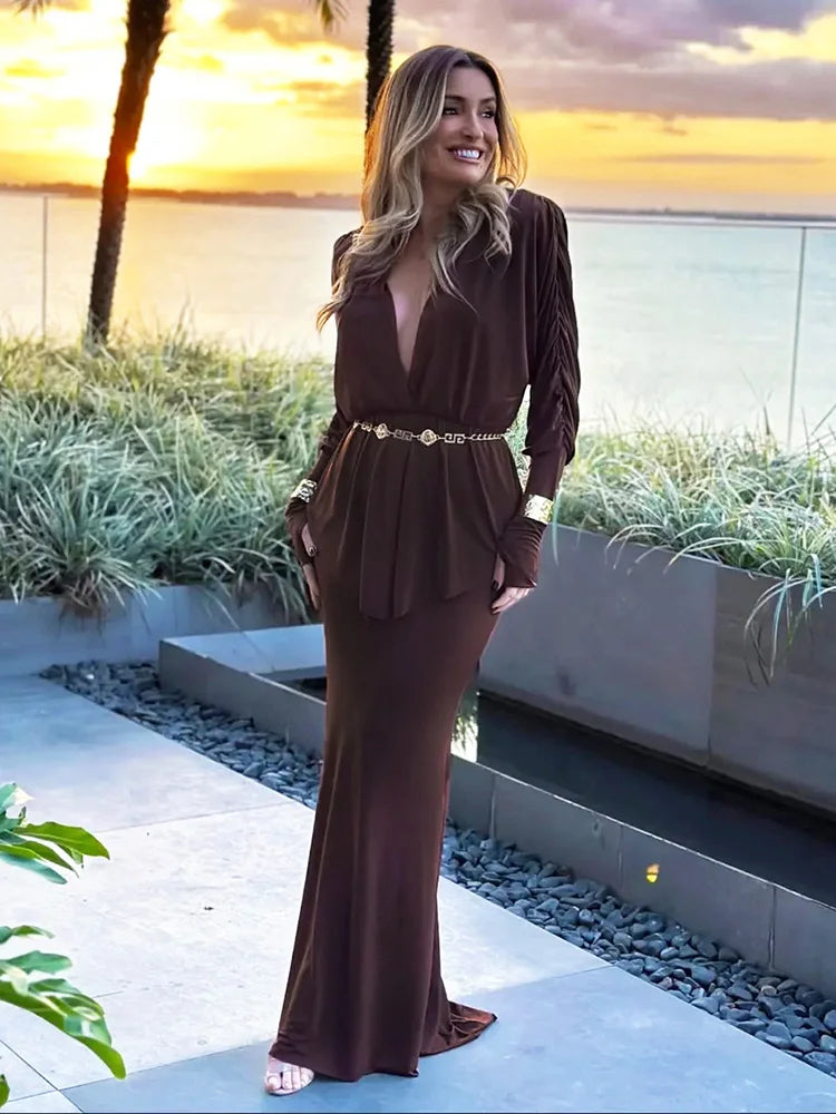 Elegant 2 Piece Set Women V-Neck Shoulder Pads Long Sleeves Folds Tops+Long Skirts Solid Banquet Party Fashion Suits
