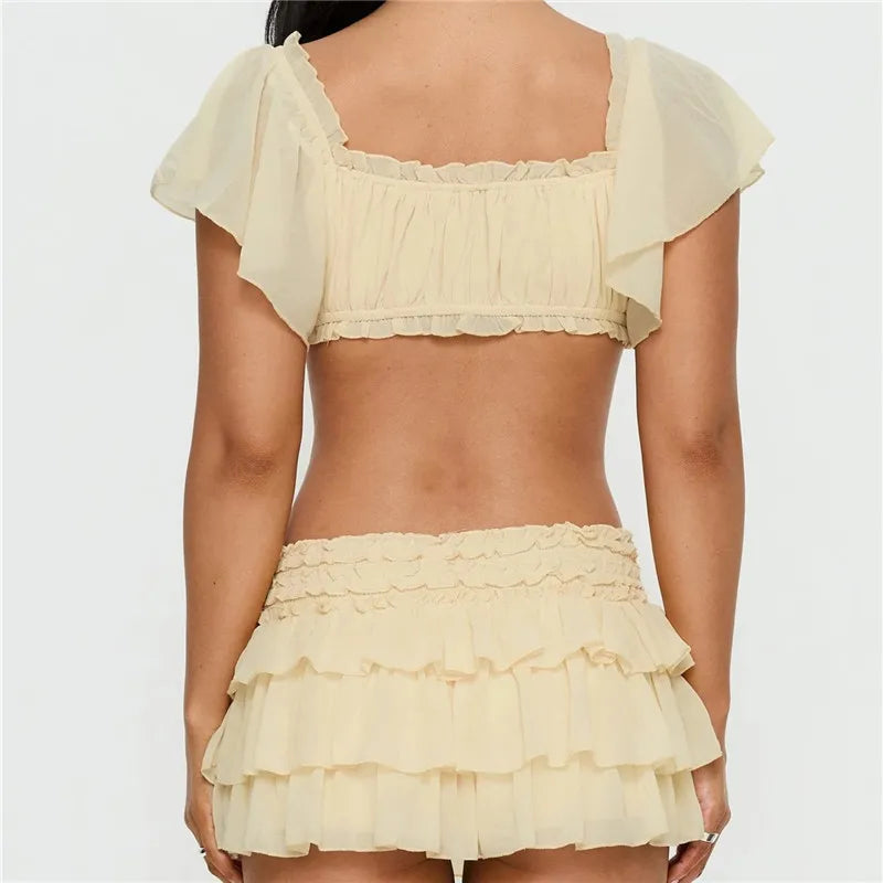 Women's Y2K 2 Piece Set Ruffled Off the Shoulder Crop Top and Tiered Mini Skirt Casual Summer Outfit for Beach Vacation