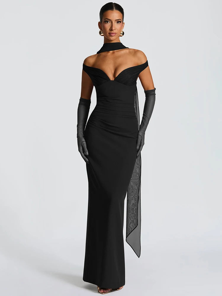 Scarf Collar Off-shoulder Sexy Maxi Dress Women Gown Fashion With Sleeve Strapless Backless Club Party Long Dresses
