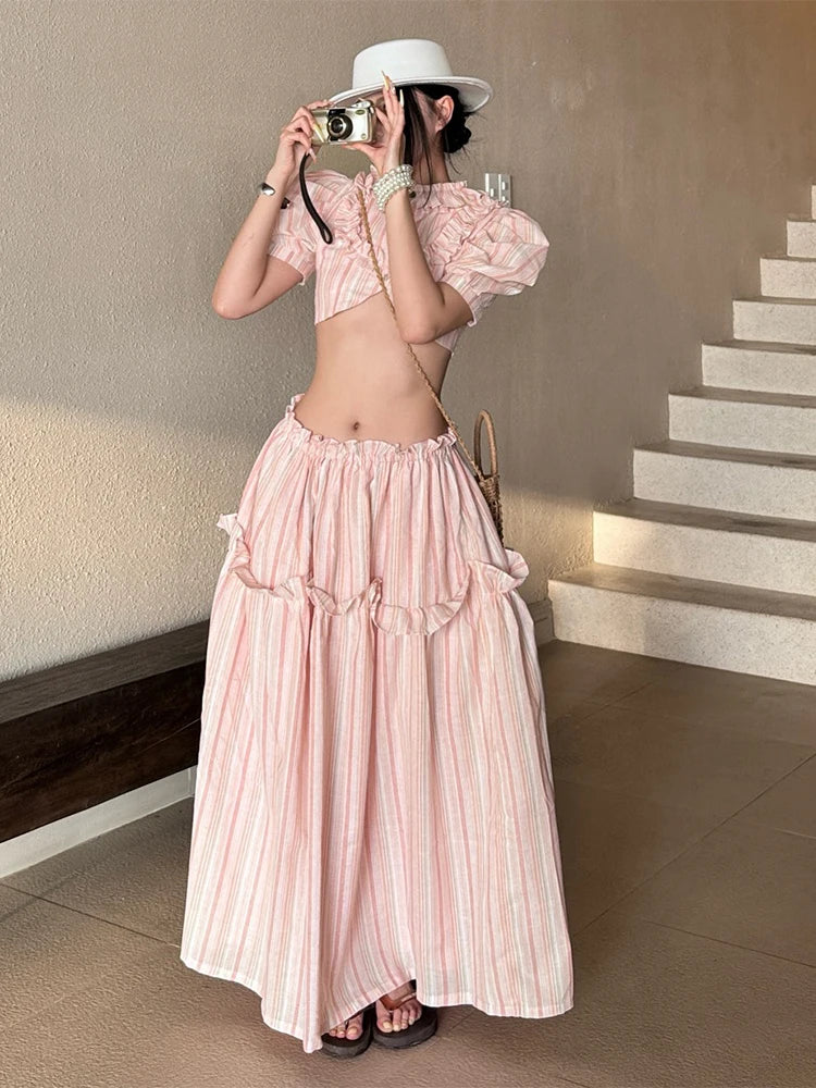 Stripe Print 2-Piece Set Women Y2K Button Puff Sleeve Irregular Crop Top+Edges Skirts Summer Streetwear Matching Suit
