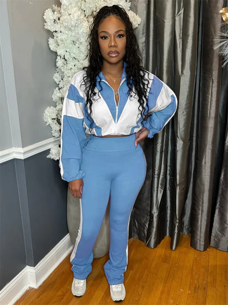 Contrast Patchwork Tracksuit 2 Piece Set Women Zipper Cardigan Jacket+Skinny Pants Casual Fashion Simple Sporty Suit