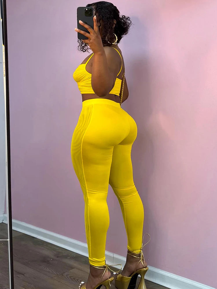 Sexy Women 2 Piece Set Summer Tracksuit Cross Mesh Camisole+Leggings Stretch Tight Matching Streetwear Matching Suits