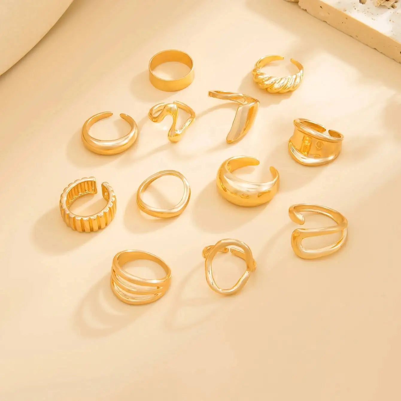 12Pcs/Set Vintage Irregular Geometric Open Adjustable Rings Women New Trend Goth Metal Rings Suitable for Daily Party