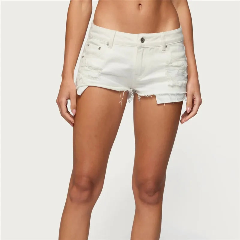 Womens Low Waist Distressed Denim Shorts Frayed Raw Hem Ripped Jeans Shorts with Inner Layer Casual Streetwear Hot Pants