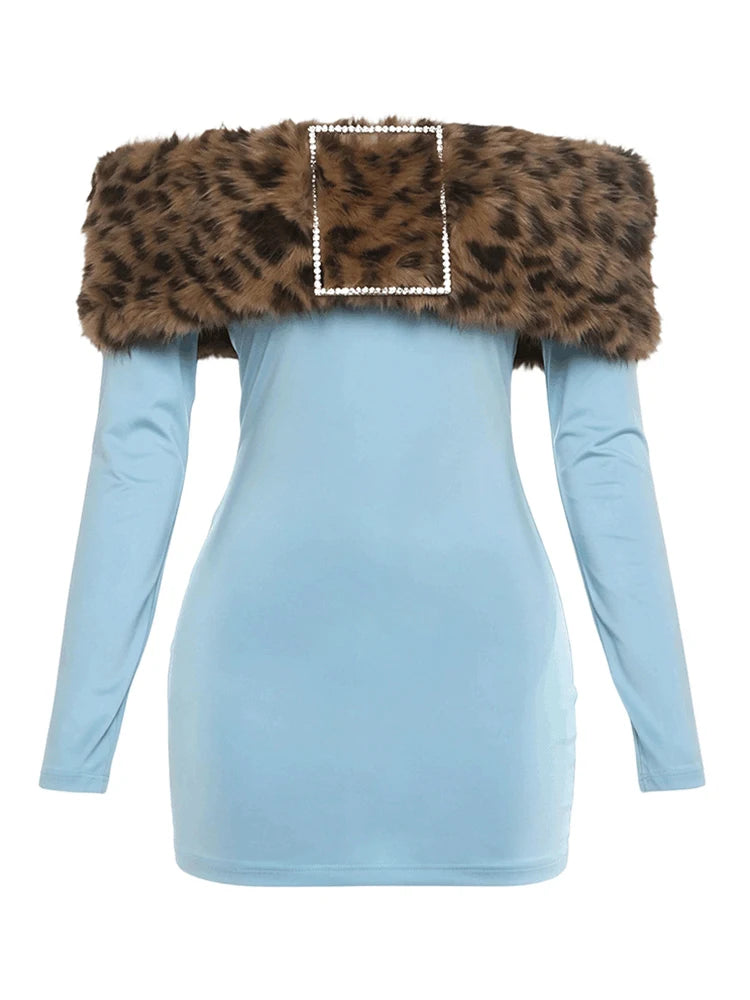 Leopard Furry Patchwork Mini Dress Woman Fake Diamonds Decoration Slash Neck Full Sleeve Backless Fashion Bodycon