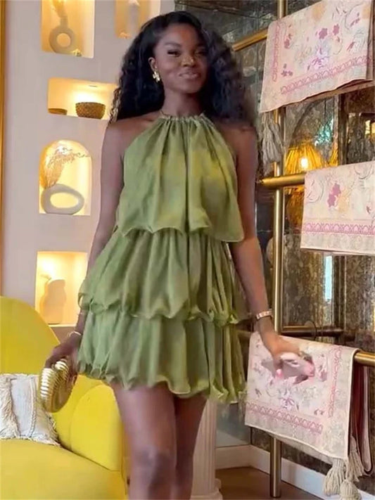 Ruched Tierred Mini Dress Women Summer New Trend Halter Off Shoulder Hot Girl Street Fashion Elegant Skinny Outfits