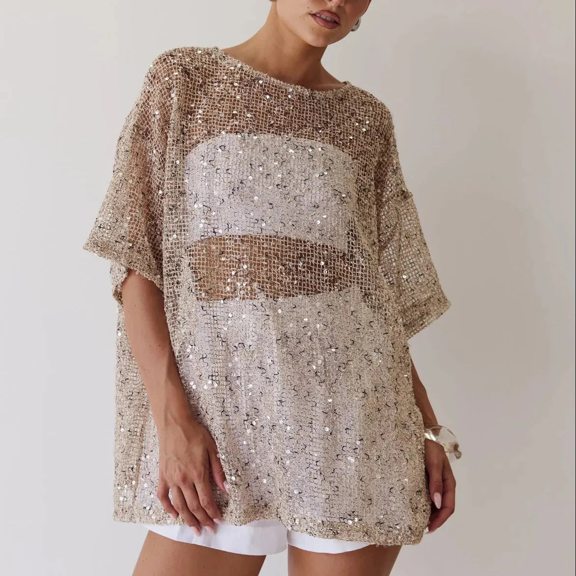 Women's Summer Sequined T-Shirt Casual Loose Fit Stylish Solid Color See Through Crew Neck Elbow Sleeve Tops Cover Ups