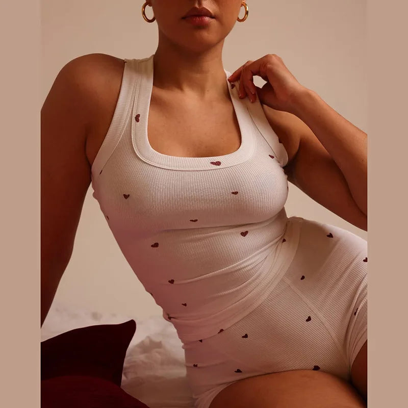 Casual 2 Pieces Set for Woman Outfit Love Printed Ribbed Tank Top and Shorts Cozy Loungewear Summer Clothes