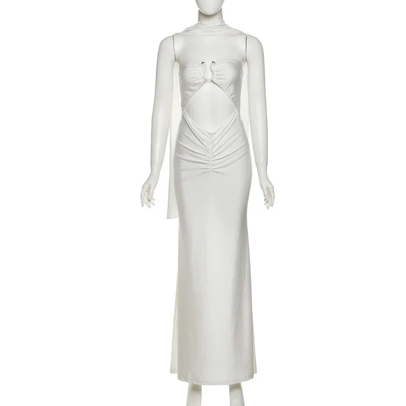 Strapless Hollow Fishtail Maxi Dress with Scarf White Evening Gown Elegant Dresses for Woman for Party