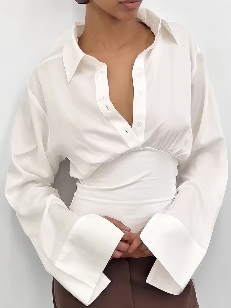 Lapel Blouse Tops Women Single-Breasted Long Sleeve Solid Casual Classic Simple Skinny Trend Elegant Office Slim Tees