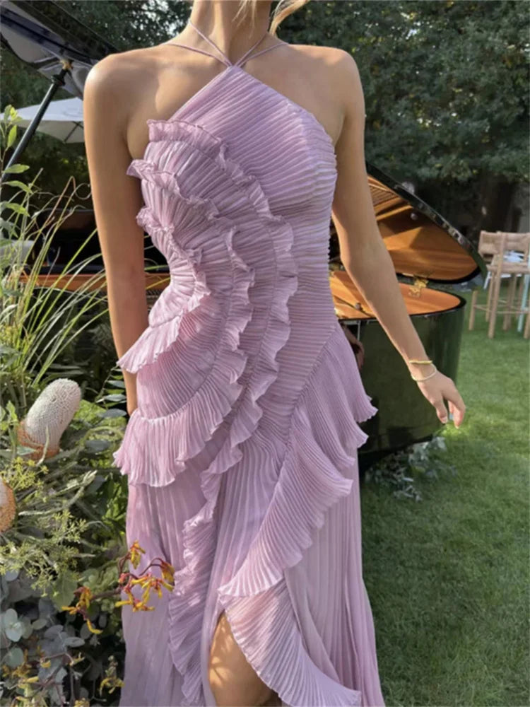 Ruched Ruffles Elegant Maxi Dress Women Halter Off Shoulder Backless Splits Robe Summer Fashion Solid Long Bodycon