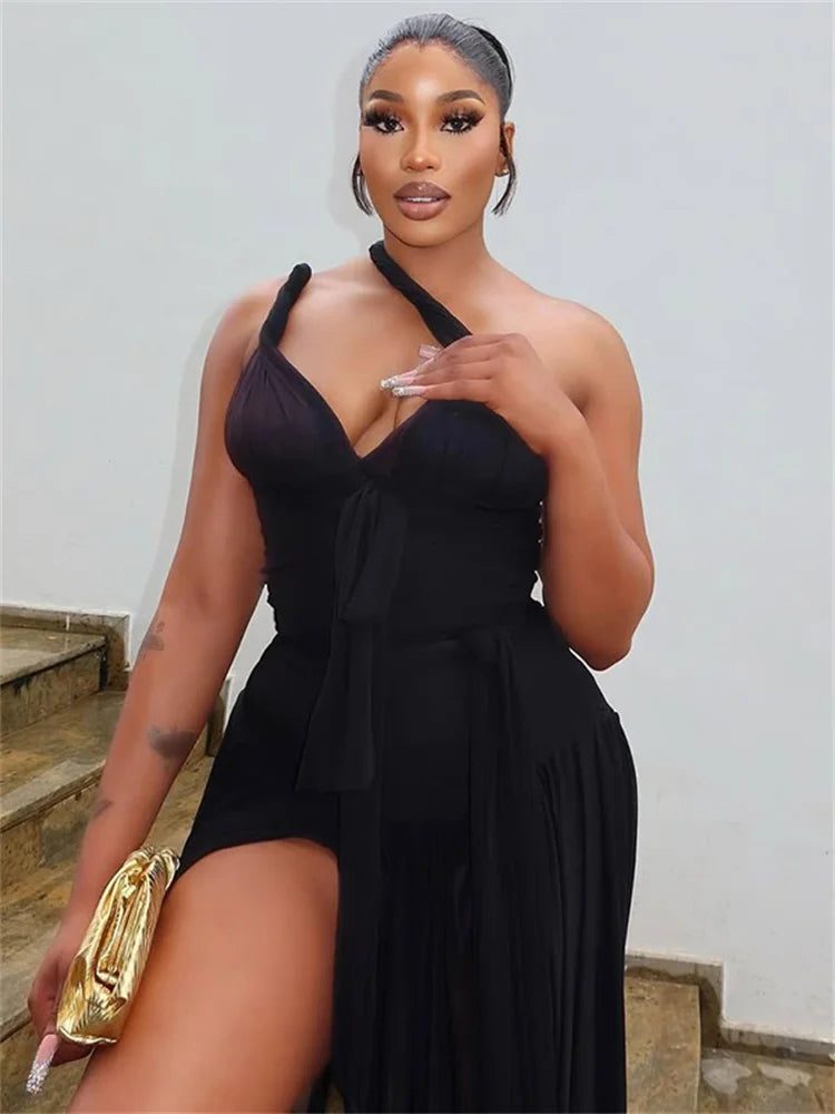 Sexy Maxi Dress Women Backless Sleeveless Asymmetrical Collar High Slit Tassel Midnight Banquet Fashion Skinny Vestidos