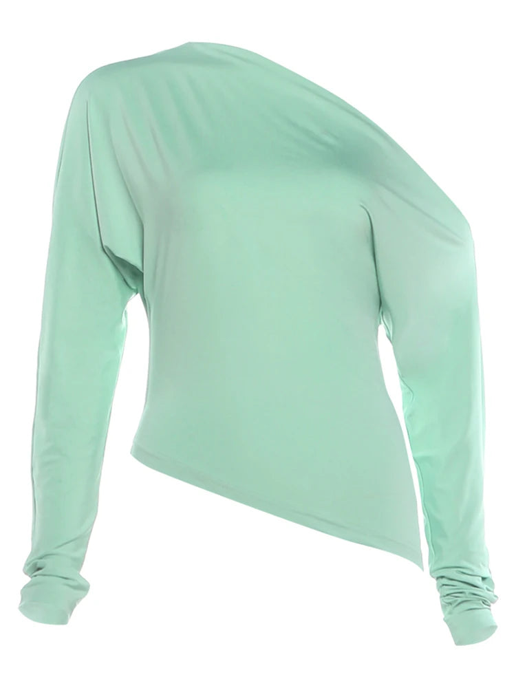 Look Slimmer Casual Simple T-Shirts Woman Autumn Trend Skew Collar Backless Shape Waist High Street Versatile Style Tees