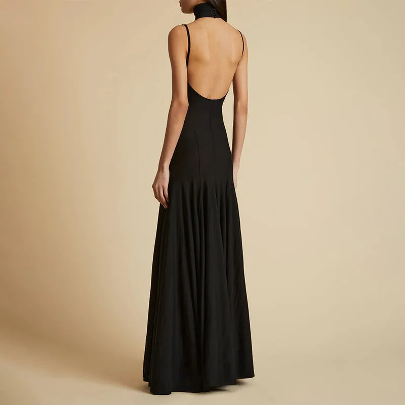 Elegant Womens Long Dresses Trending Celebrity Style Turtleneck Sleeveless Backless Maxi Dress Grey Black