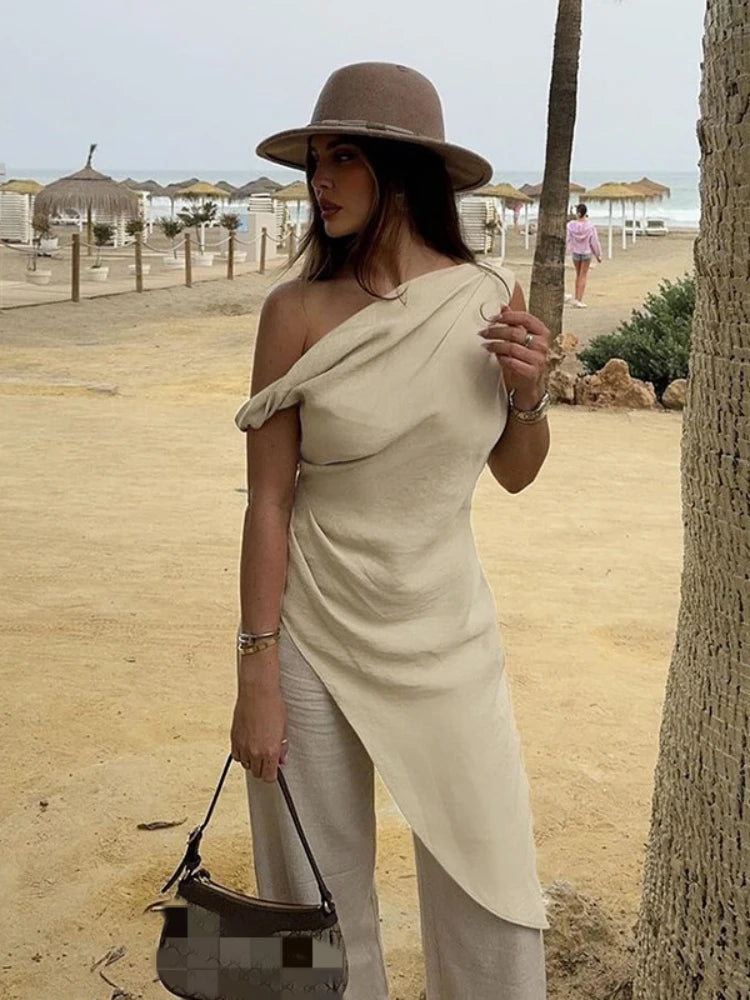 Twisted One Shoulder Asymmetrical Tops Ladies Elegant Fashion Sleeveless Long Shirts & Blouses Summer