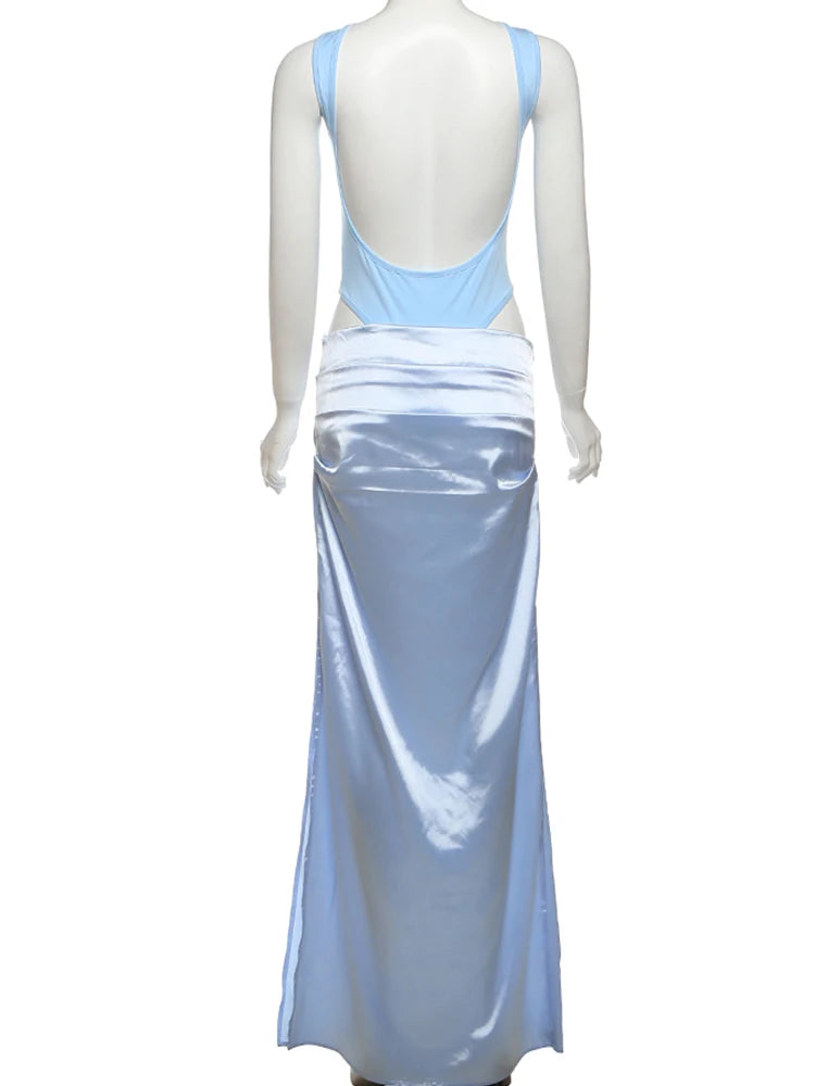 Elegant Simple Women 2 Piece Set Backless Bodysuit Tops+Ruched Side Split Satin Skirts Matching Street Party Suits