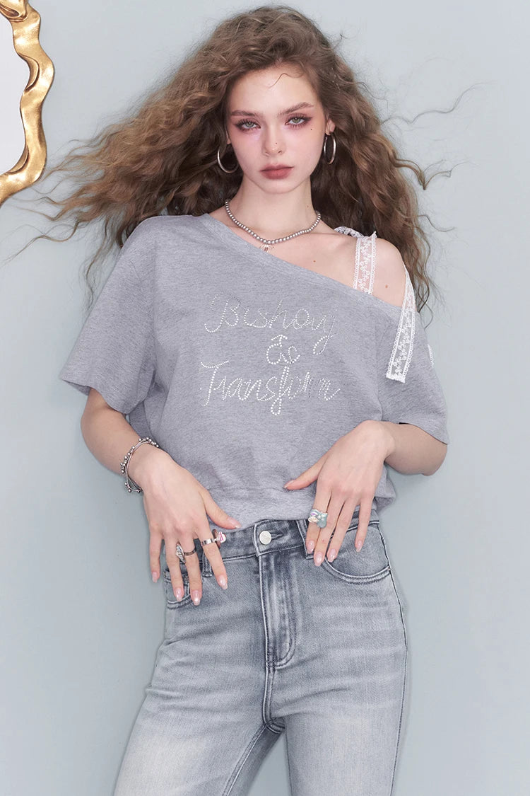Sweet Lace Strap One-Shoulder Top, Boat Neck Short Sleeve, Casual Feminine Loose Top for Women