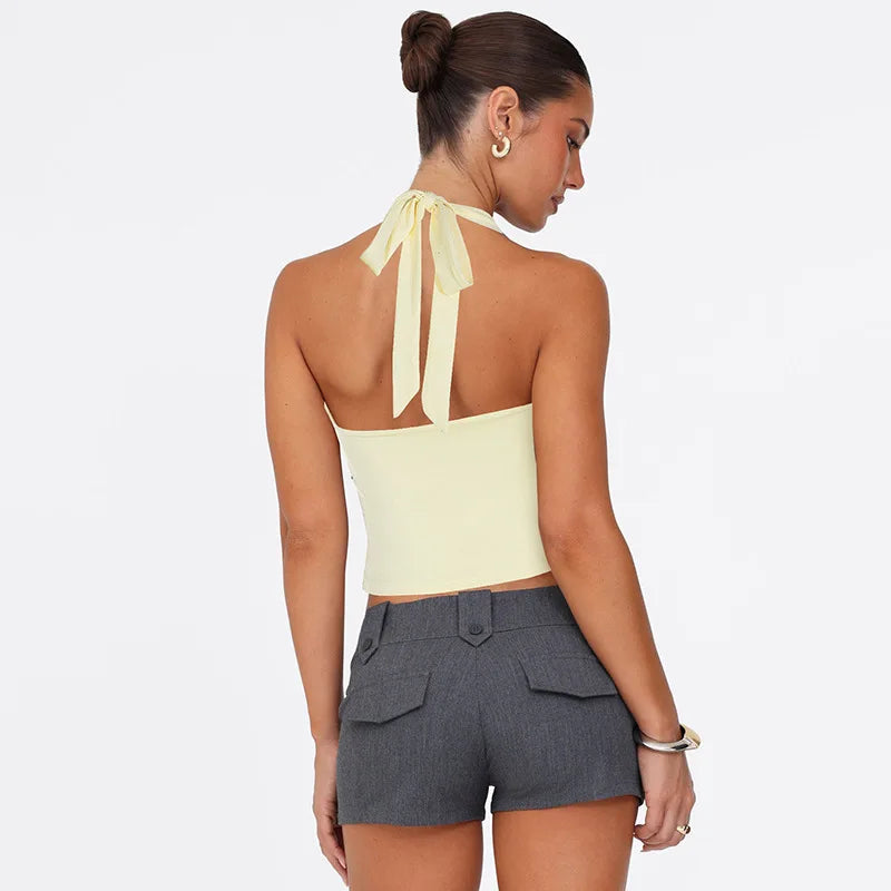 Hardwear Detail Hollow Halter Crop Tops 2025 Summer Woman Clothes Fashion Sexy Backless Tank Top