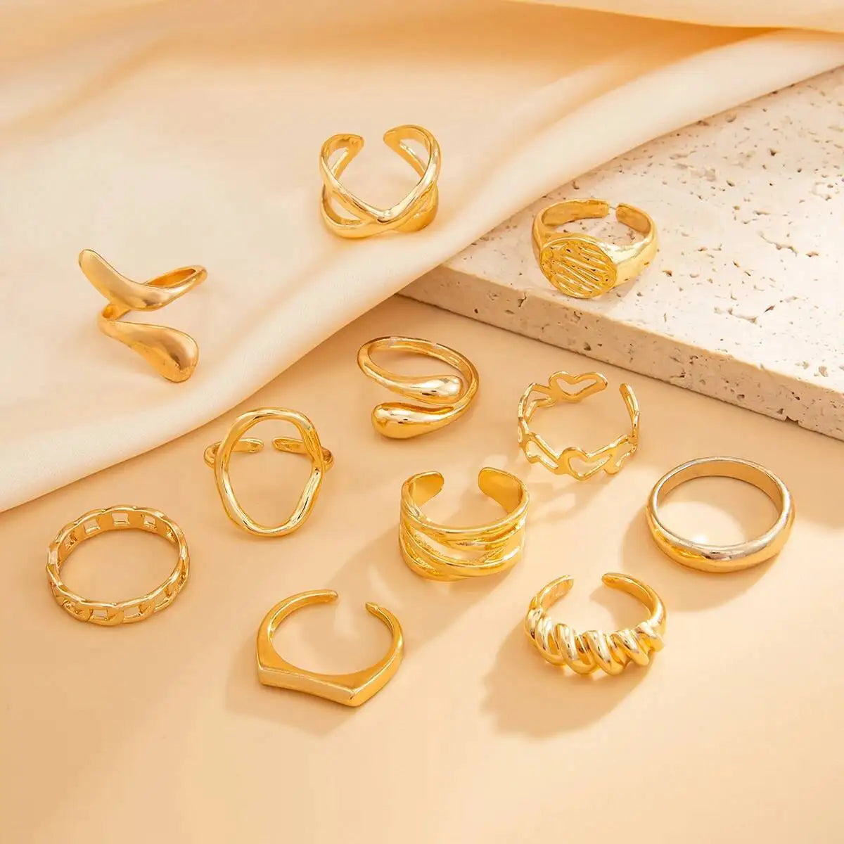 11Pcs/Set Classic Glossy Water Drop Open Rings for Women New Trend Vintage Irregular Finger Rings Daily Jewelry Gift