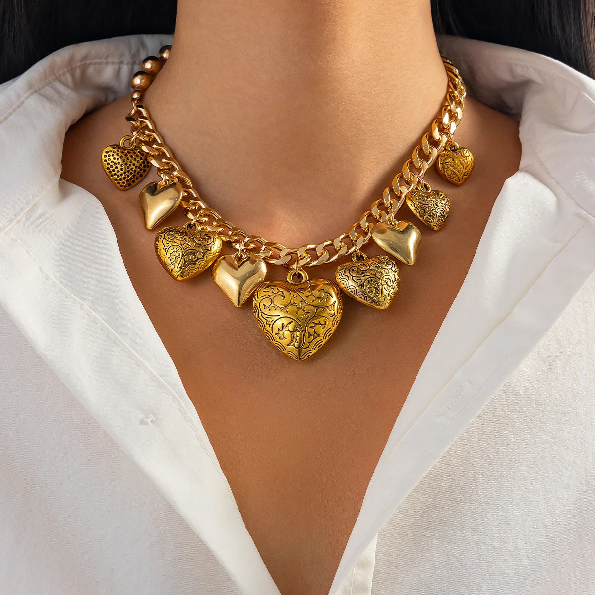 Vintage Printed Love Heart Tassel Pendant Choker Necklace for Women Punk Asymmetrical Chunky Chain Aesthetics Jewelry