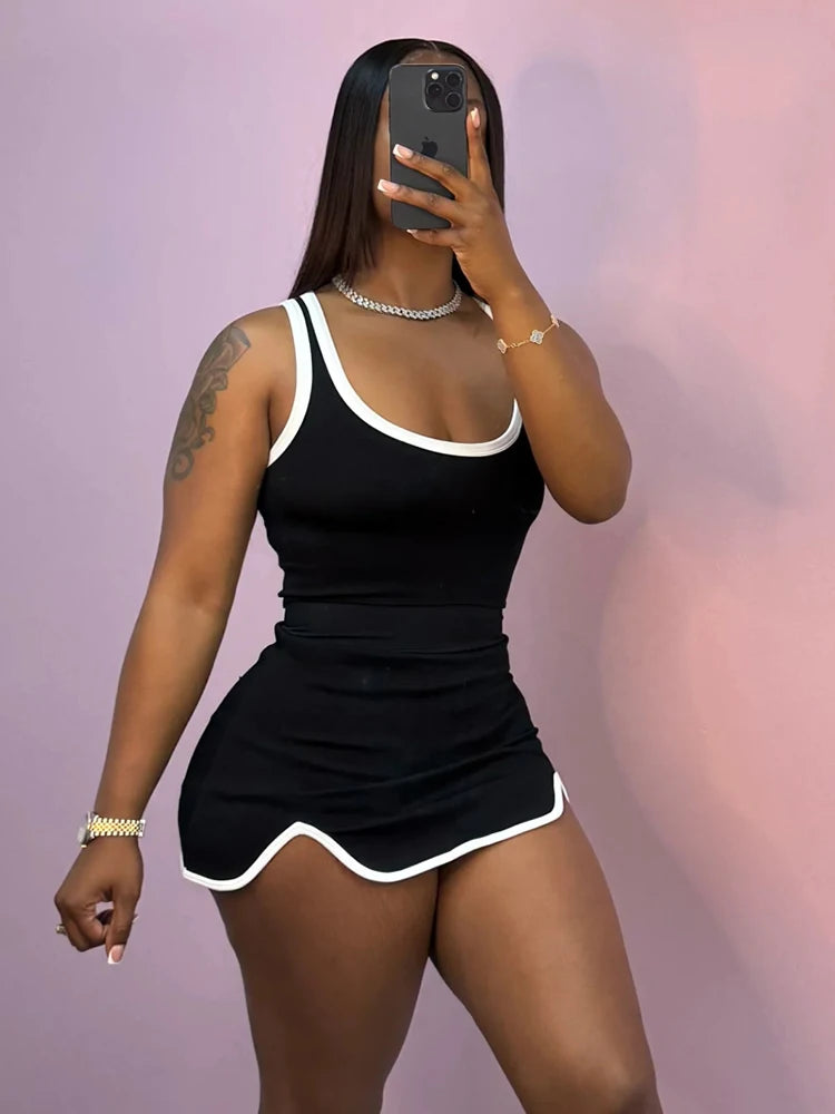 Casual Simple Women 2 Piece Set Tracksuit Skinny Tank Tops+Irregular Hem Skirts Matching Stretch Streetwear Outfits