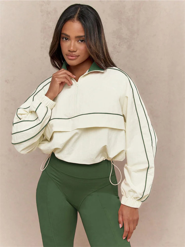 Contrast Patchwork Tracksuit 2 Piece Set Women Polo-Neck Drawstring Wasit Tops+Skinny Leggings Casual Sporty Sets