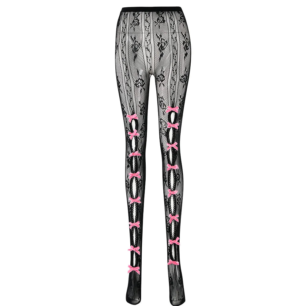 See Through Lace Mesh Hollow Bow Tie Leggings High Waist Stockings Y2k Sexy Lingeries for Woman Tights