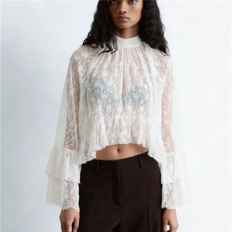 Women's Sheer Shirts Flare Long Sleeve Mock Neck Lace Floral Tops Fashion Ruffled Peplum Hem Cropped Blouse Streetwear