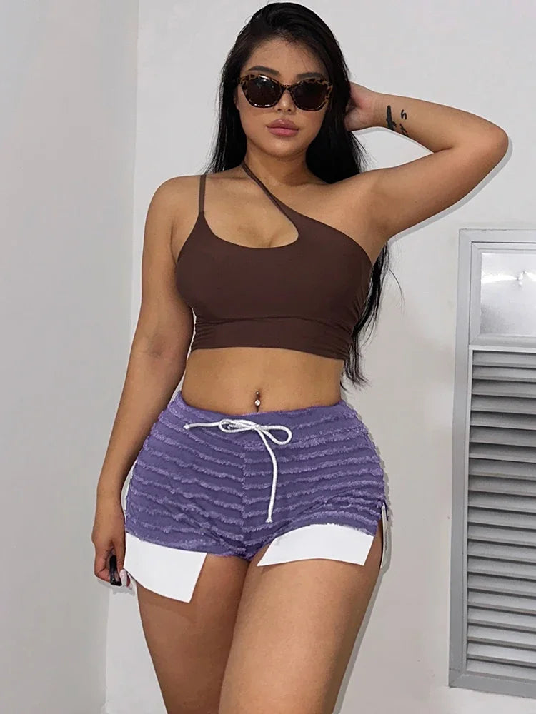 Black and White Striped Knitted Drawstring Slit Booty Shorts Streetwear Baddie Clothes Hot Pants Sexy Clubwear