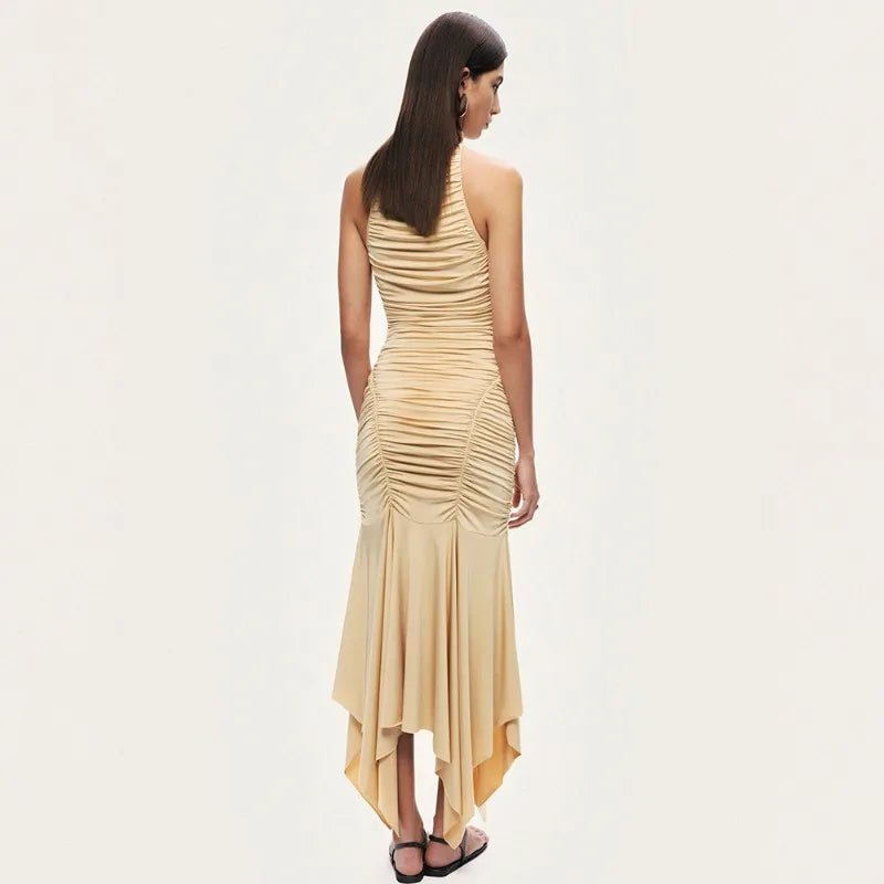 Ruched Sleeveless Long Dress with Asymmetrical Hem 2026 Yellow Classy Dresses for Woman Elegant