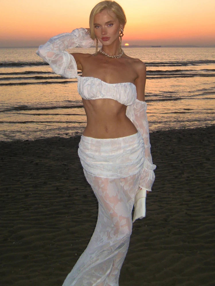 Mesh Patchwork 2 Piece Set Women Sexy Slash Neck Flared Sleeve Crop Tops+A-Line Long Skirts Beach Party Elegant Suits