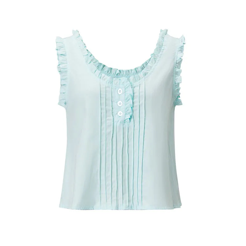 Women Ruffle Trim Sleeveless Cropped Tank Top U‑Neck Pleated Half Button Blouse Vintage Summer Casual Daily Vest Tops