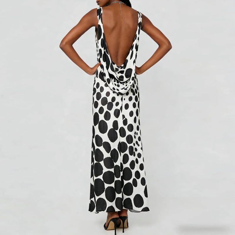 Women's Summer Tank Maxi Dress Elegant Lady Dots Print Sleeveless Boat Neck Long Dress for Party Date Night Wear