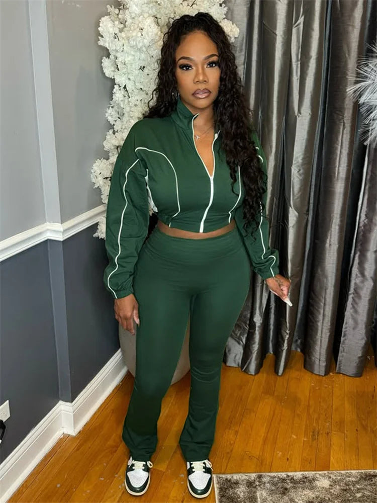 Casual 2 Piece Set Women Tracksuit Patchwork Full Sleeve Zip Elastic Hem Crop Jacket+Flared Pants Sporty Streetwear