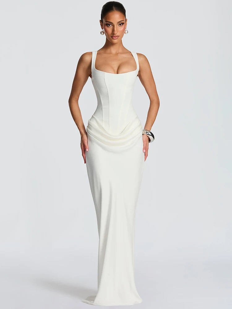 Elegant Backless Sexy Maxi Dress Women Gown Fashion Square Collar Sleeveless Skinny Ruched Club Party Long Dresses