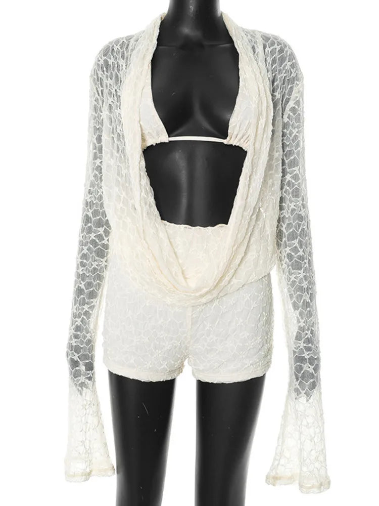 Lace Two Piece Set Women See Through Long Sleeve T-shirt And Shorts Matching Sets Female Elegant Shorts Two Piece Set