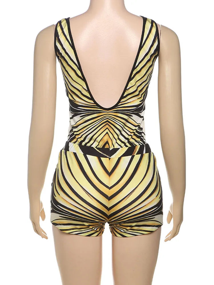 Stripe Women 2 Piece Set Sporty Casual Stretch v-Neck Backless Tank Tops+Shorts Matching Streetwear Hipster Outfits